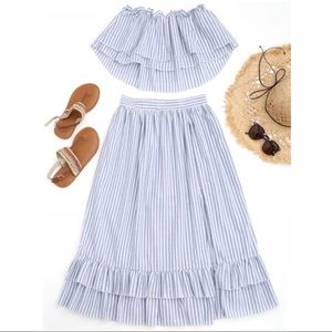 White/Blue Striped Off Shoulder Tube and Skirt Set